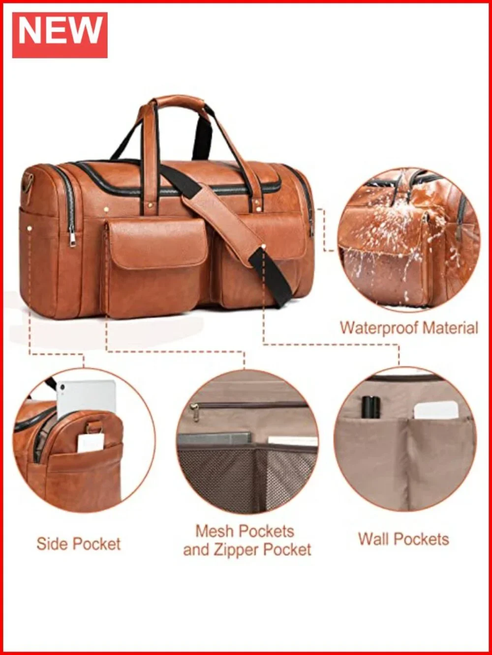 Large PU Leather Travel Duffel Bag with Shoe Compartment, Waterproof Weekender